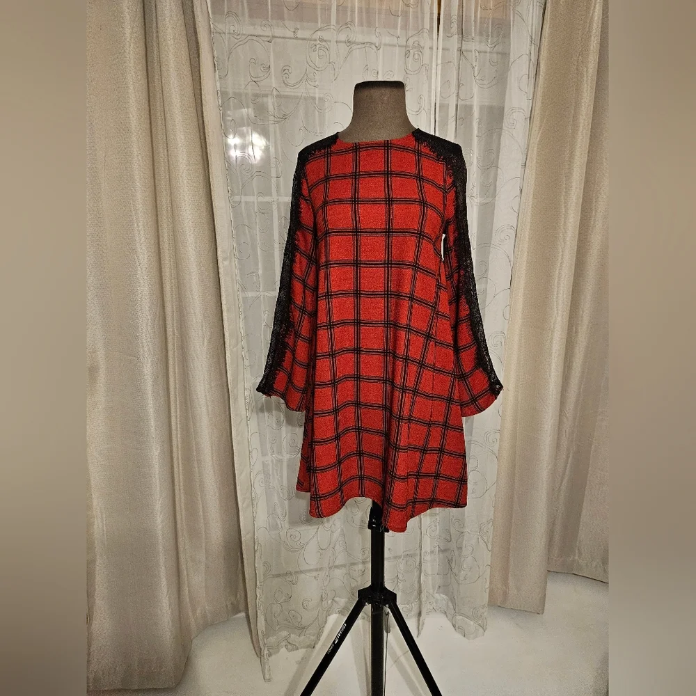 Gianni Bini Red Black Lace Plaid Whimsigoth Business Casual Midi Dress XS - Picture 6 of 16